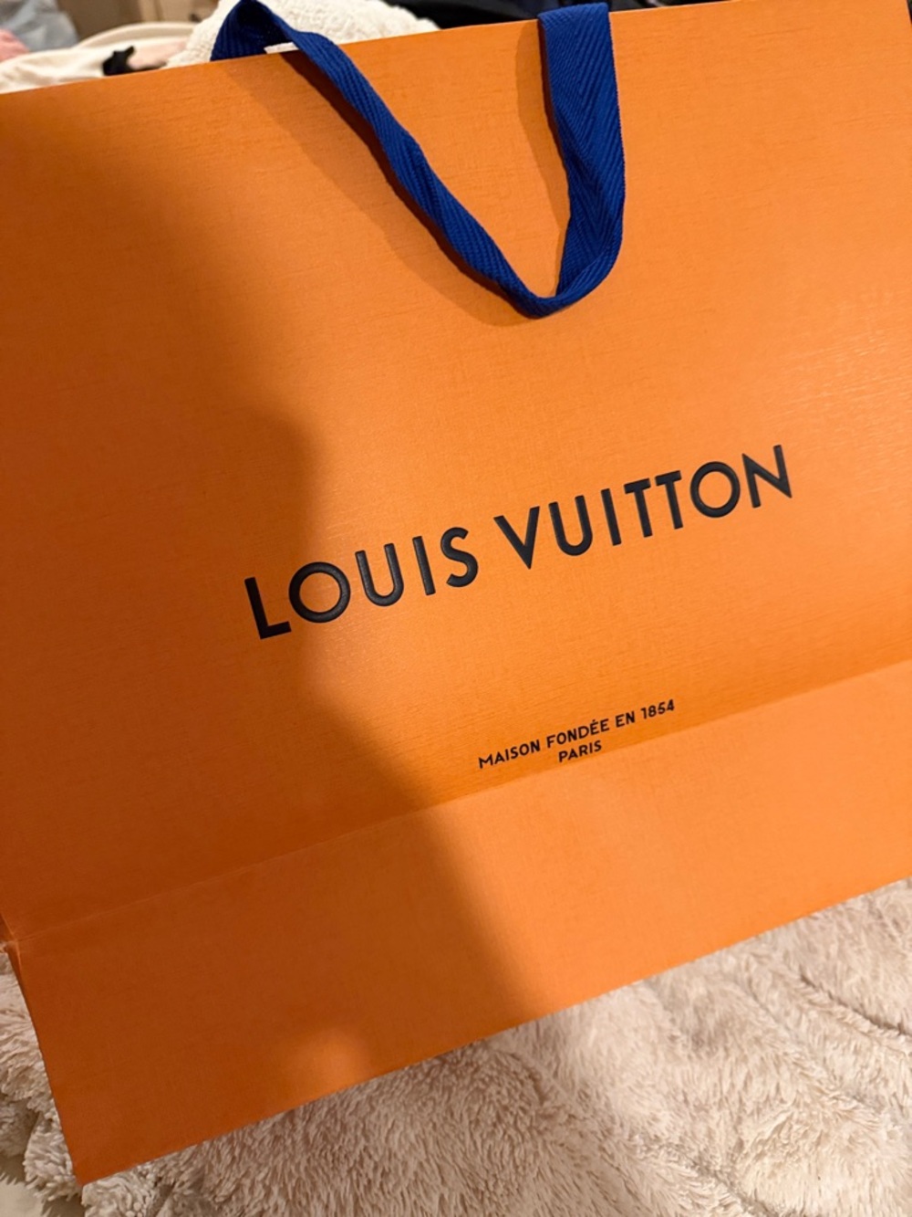 Louis Vuitton Orange Bag with Blue Handles and Black Logo